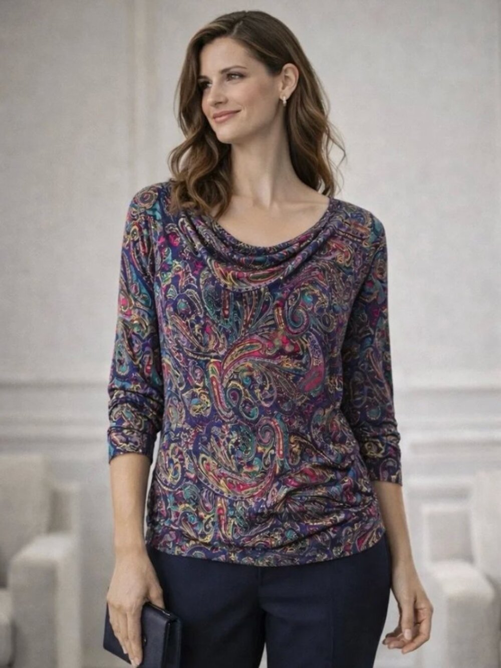 Talbots Paisley 3/4 Sleeve Stretch Knit Cowl Neck Blouse Multicolor 1X